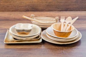 Kitchenware made from dried betel nut leaf palm, natural material. The Green product eco friendly concept.