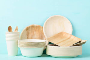 Biodegradable, Compostable, Disposable or Eco friendly utensil (plate, dish, bowl, cup) on pastel color background, Sustainable concept