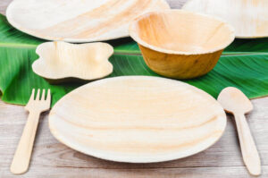 Kitchenware made from dried betel nut leaf palm, natural material. The Green product eco friendly concept.